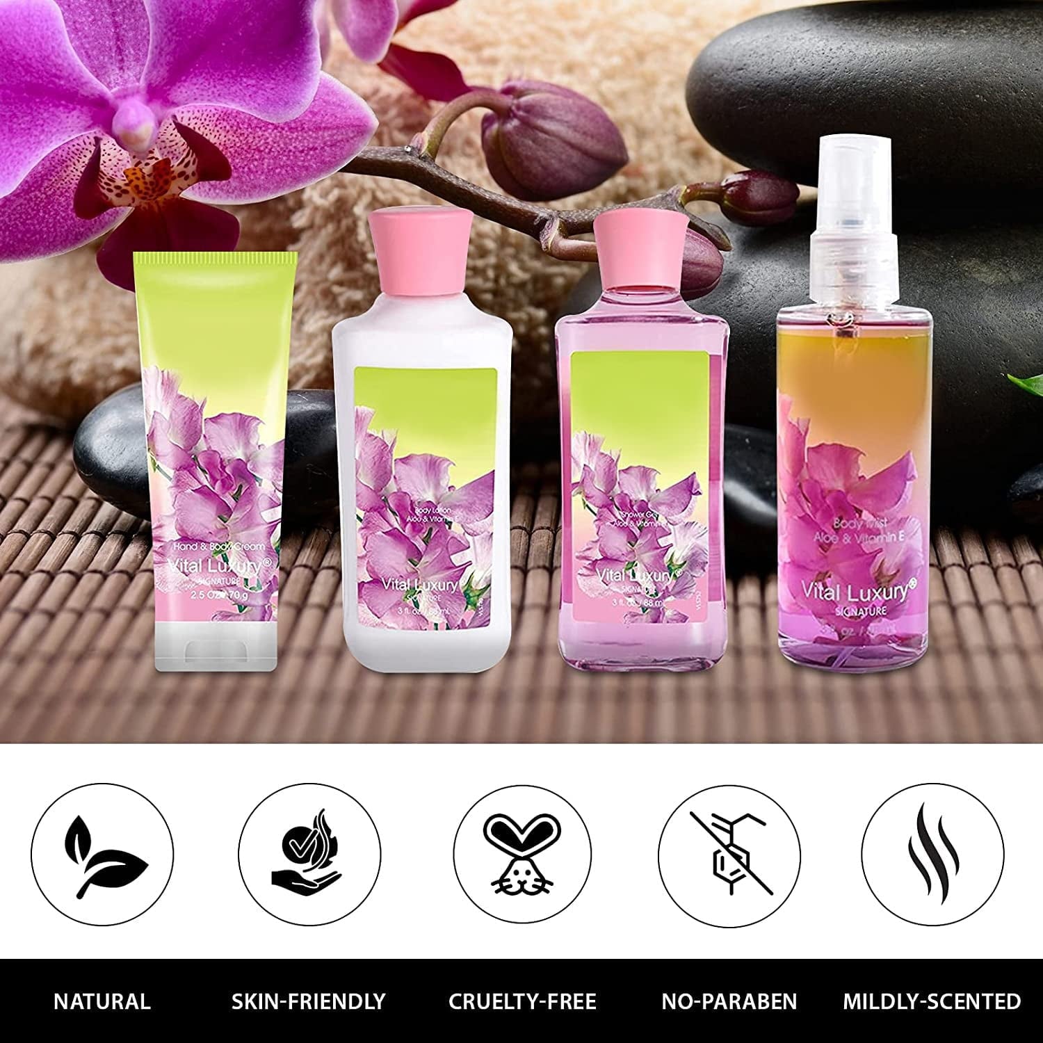 Vital Luxury Bath & Body Kit 4 Pcs,Pea Flower Scent Home Spa Set for Unisex,with Hand Cream,Body Lotion,Shower Gel and Body Mist