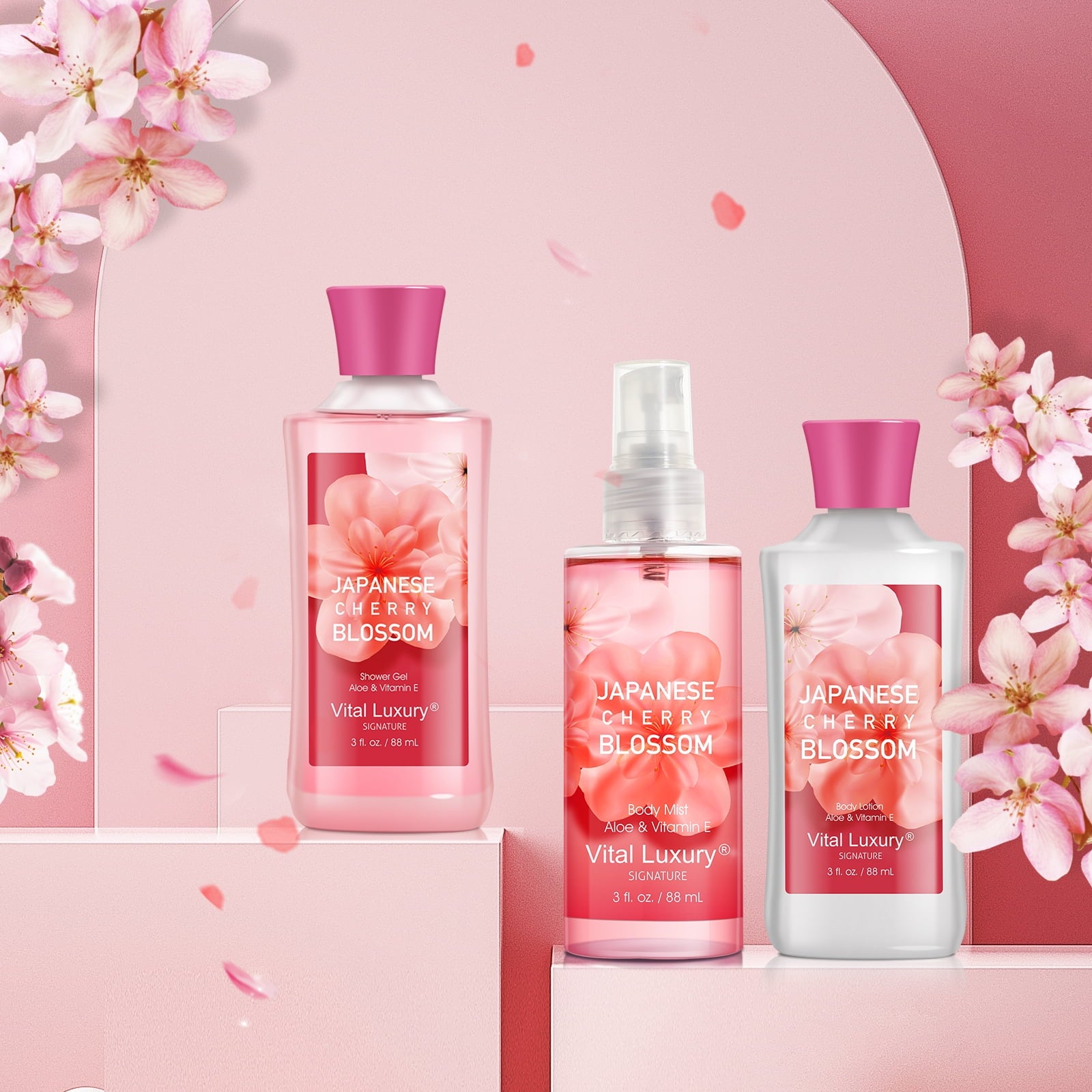 Vital Luxury Bath & Body Care Gift and Travel Set,Japanese Cherry Blossom Scent,with Body Lotion,Shower Gel and Body Mist