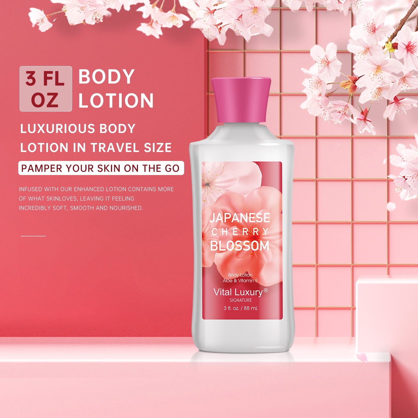 Vital Luxury Bath & Body Care Gift and Travel Set,Japanese Cherry Blossom Scent,with Body Lotion,Shower Gel and Body Mist