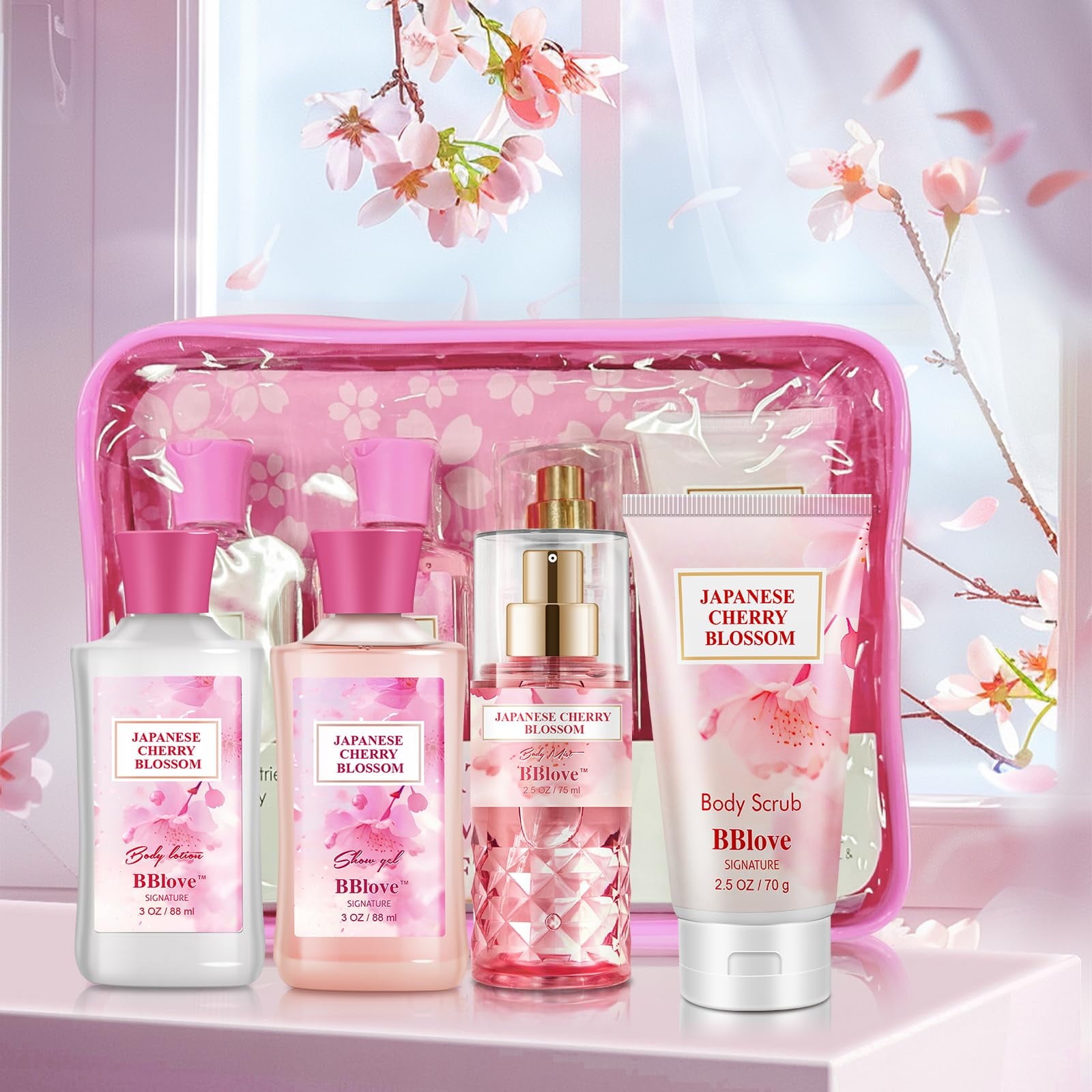 BBlove Bath and Body Care Set,Japanese Cherry Blossom Scents,Bath&Body 4 Set,with Body Lotion,Body Mist,Shower Gel and Body Scrub